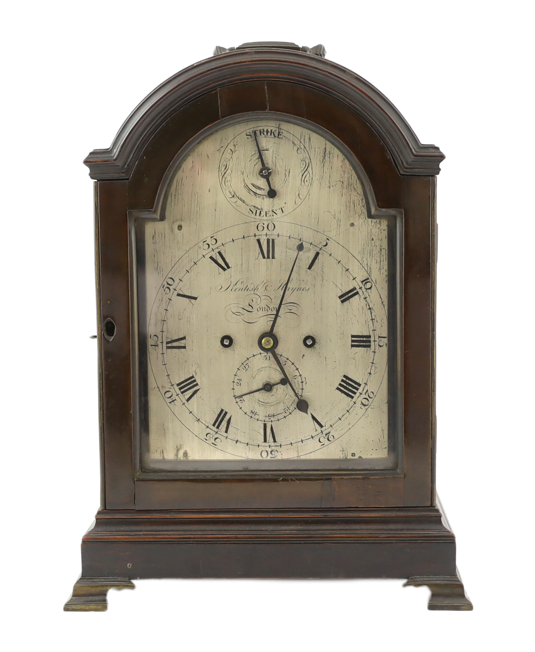 Kentish & Haynes of London, a George III ebonised eight day bracket clock 28.5cm wide, 19.5cm deep, 40cm high